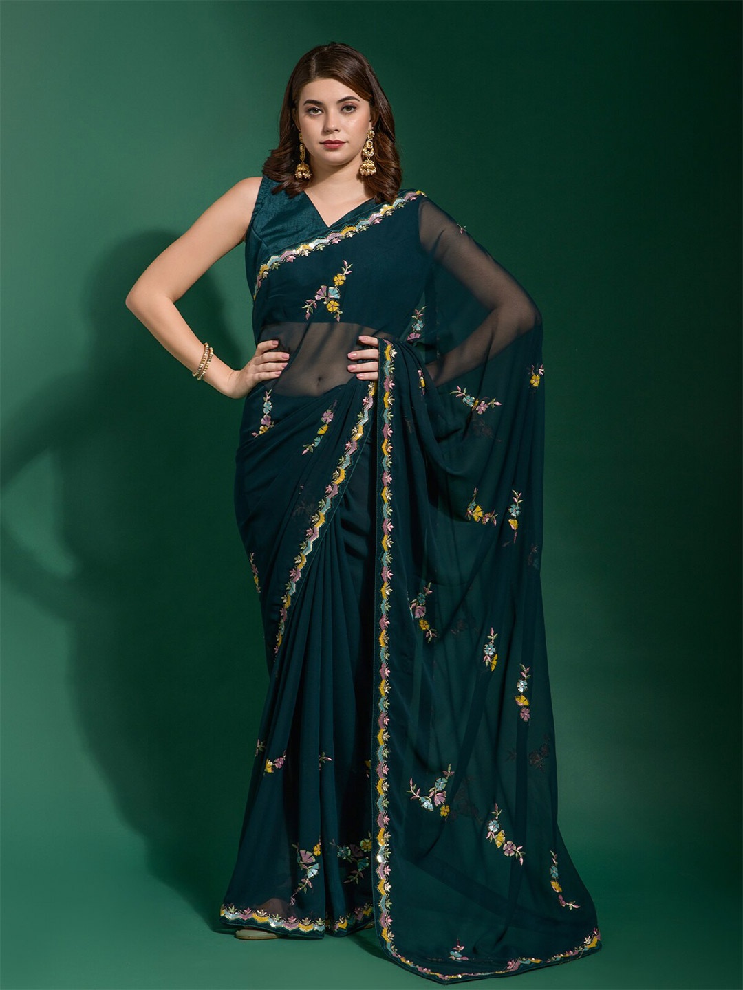 

ODETTE Floral Embroidered Poly Georgette Saree, Green