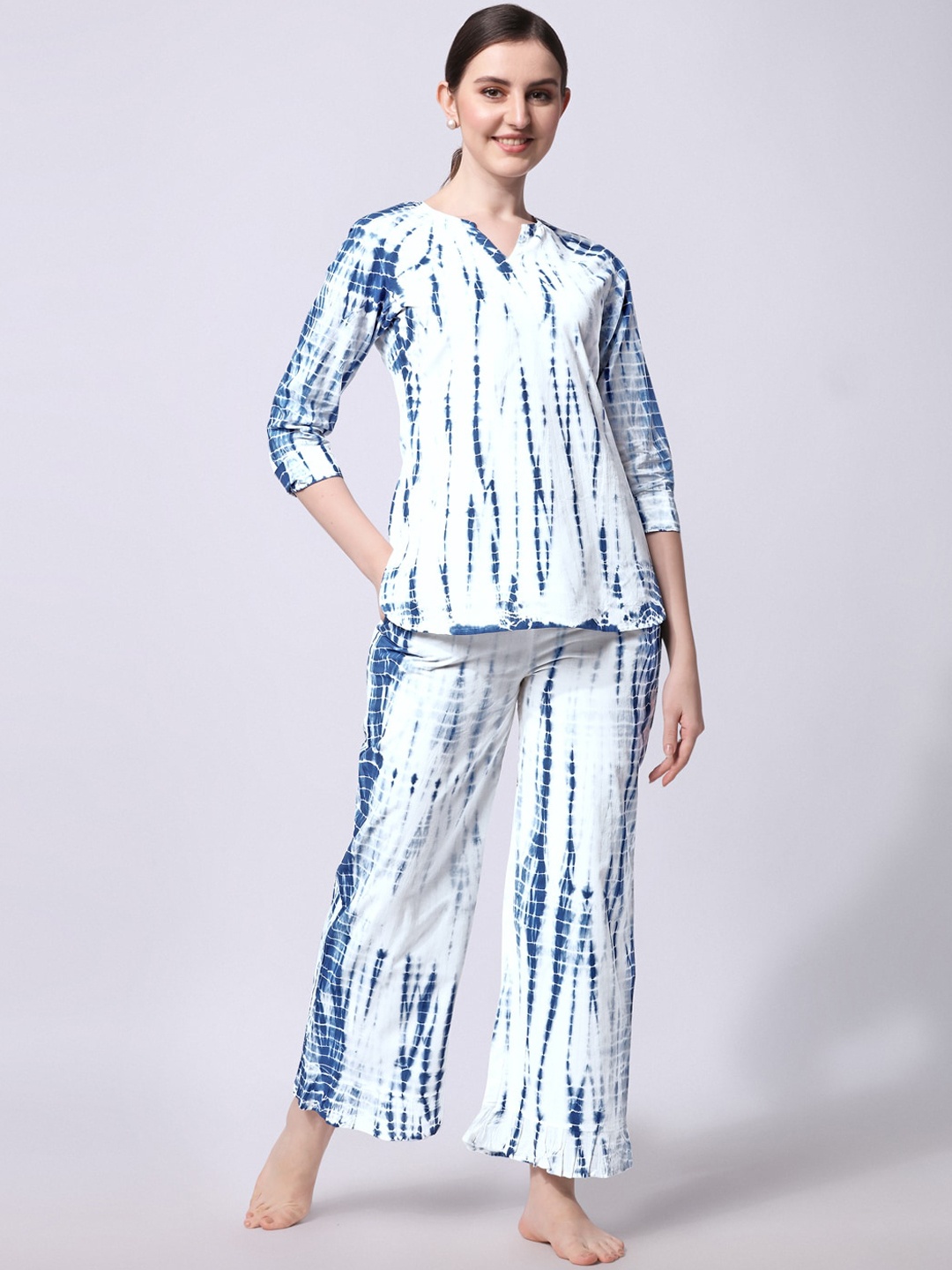 

KALINI Tie And Dye Printed Pure Cotton Night Suit, Blue