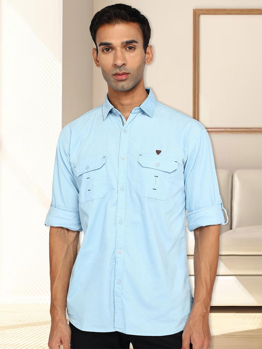 

Kuons Avenue Smart Slim Fit Rolled-Up Sleeves Corduroy Casual Shirt, Blue