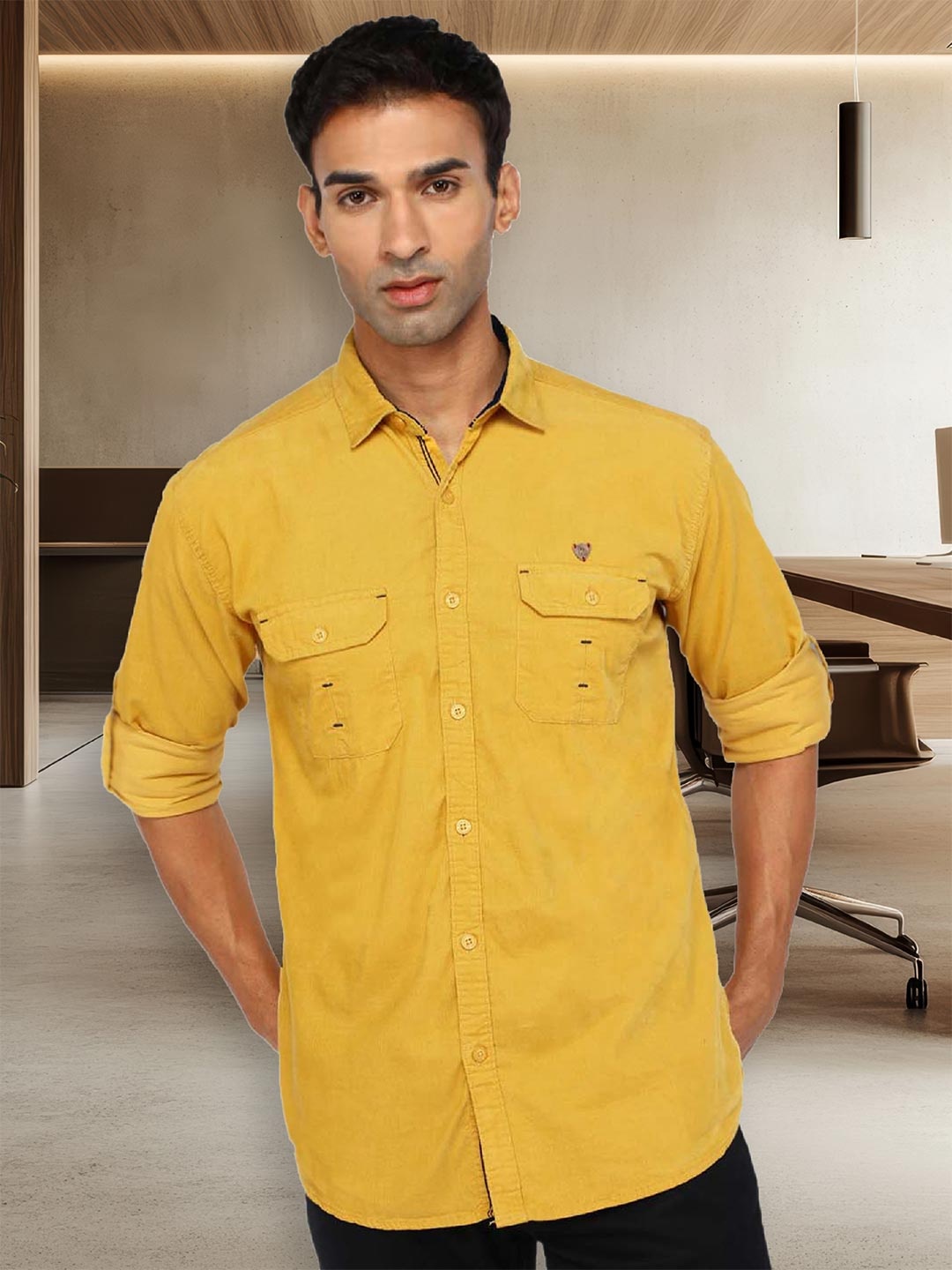Kuons Avenue Spread Collar Slim Fit Corduroy Casual Shirt, Yellow