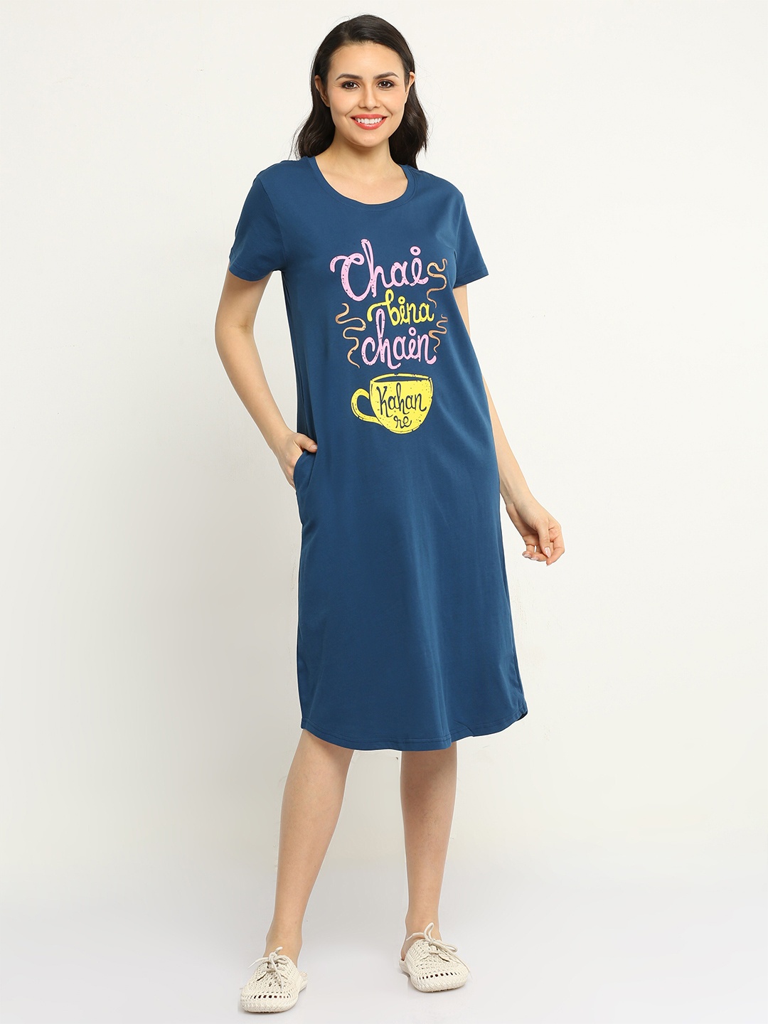 

9shines Label Typography Printed Pure Cotton Nightdress, Blue