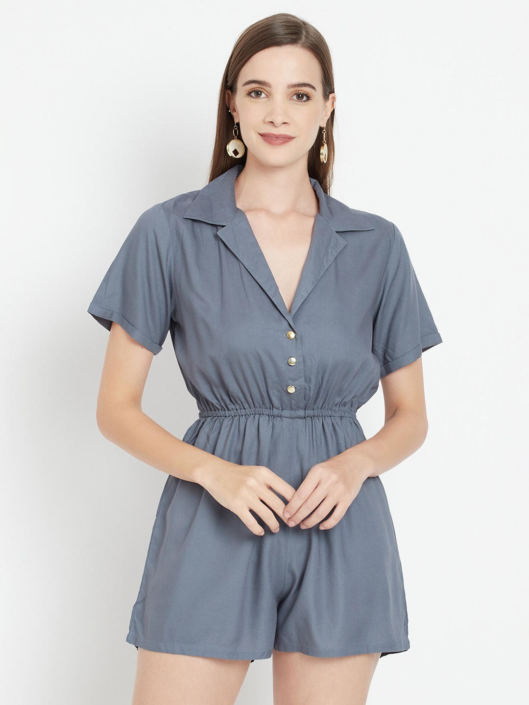 

WESTCLO Shirt Collar Short Sleeves Jumpsuit, Grey