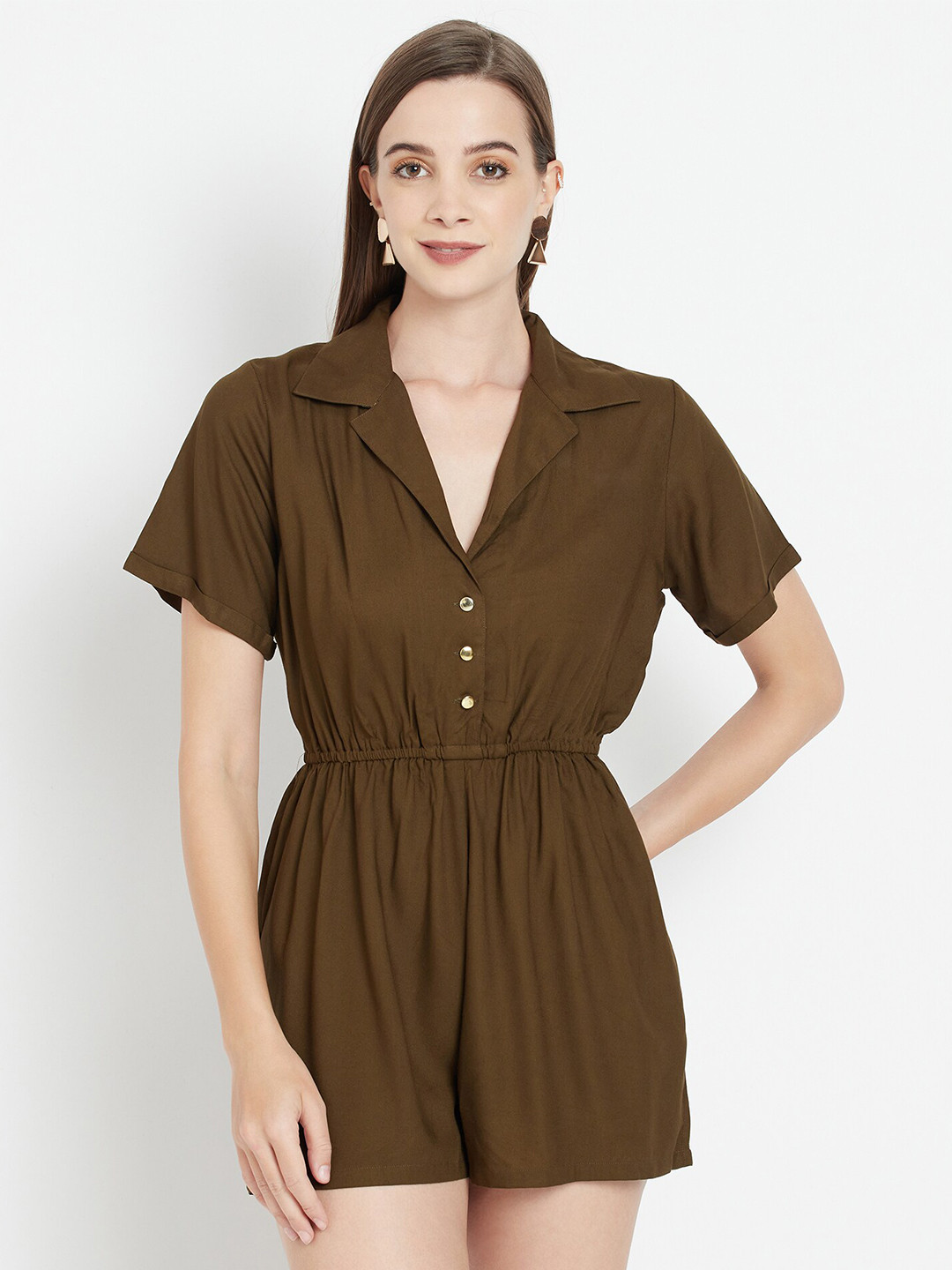 

WESTCLO Shirt Collar Waist Tie Ups Short Sleeves Jumpsuit, Olive