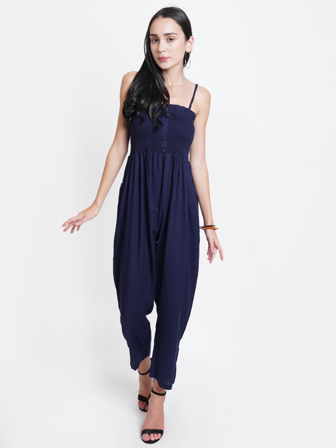 

WESTCLO Smocked Shoulder Strap Basic Jumpsuit, Navy blue