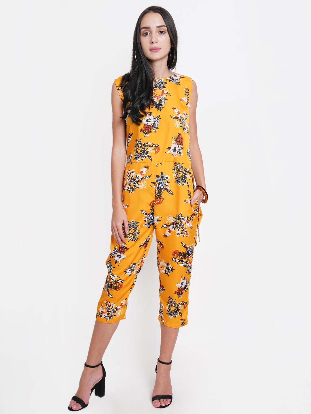 

WESTCLO Floral Printed Round Neck Sleeveless Capri Jumpsuit, Yellow