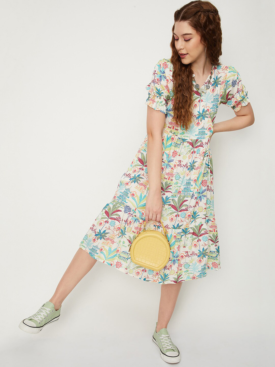 

max Floral Printed A-Line Midi Dress, Beige