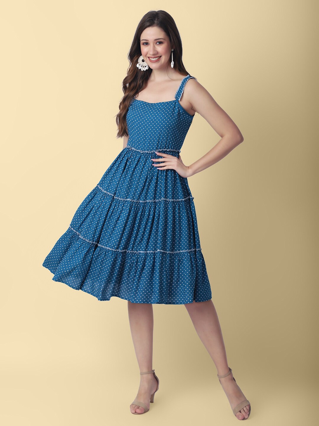 

DAEVISH Polka Dot Printed Fit & Flare Dress, Blue