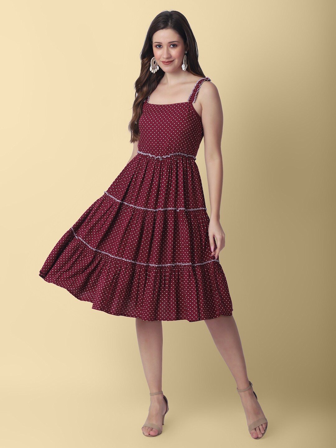 

DAEVISH Polka Dot Print Fit & Flare Dress, Maroon