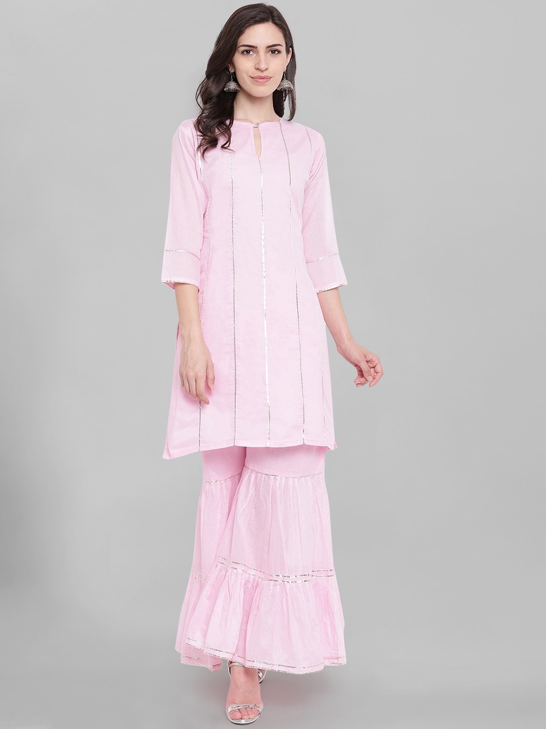 

Kvsfab Striped Keyhole Neck Gotta Patti Kurta with Sharara, Pink