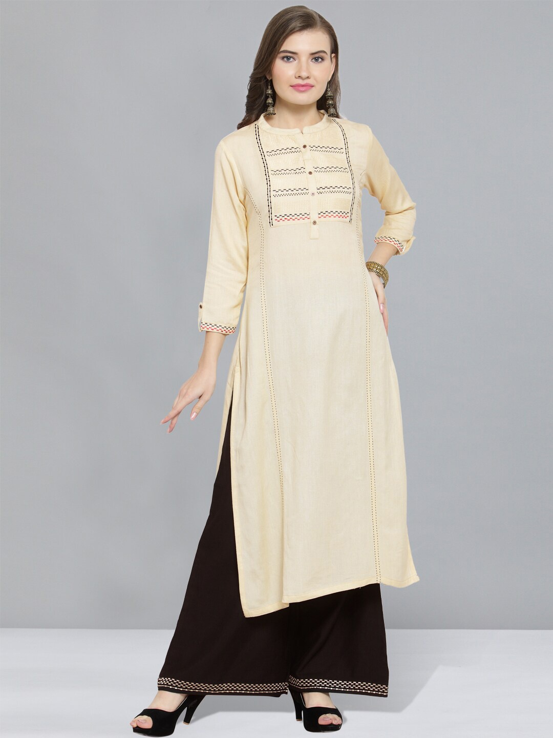 

Kvsfab Embroidered Band Collar Kurta With Palazzos, Cream