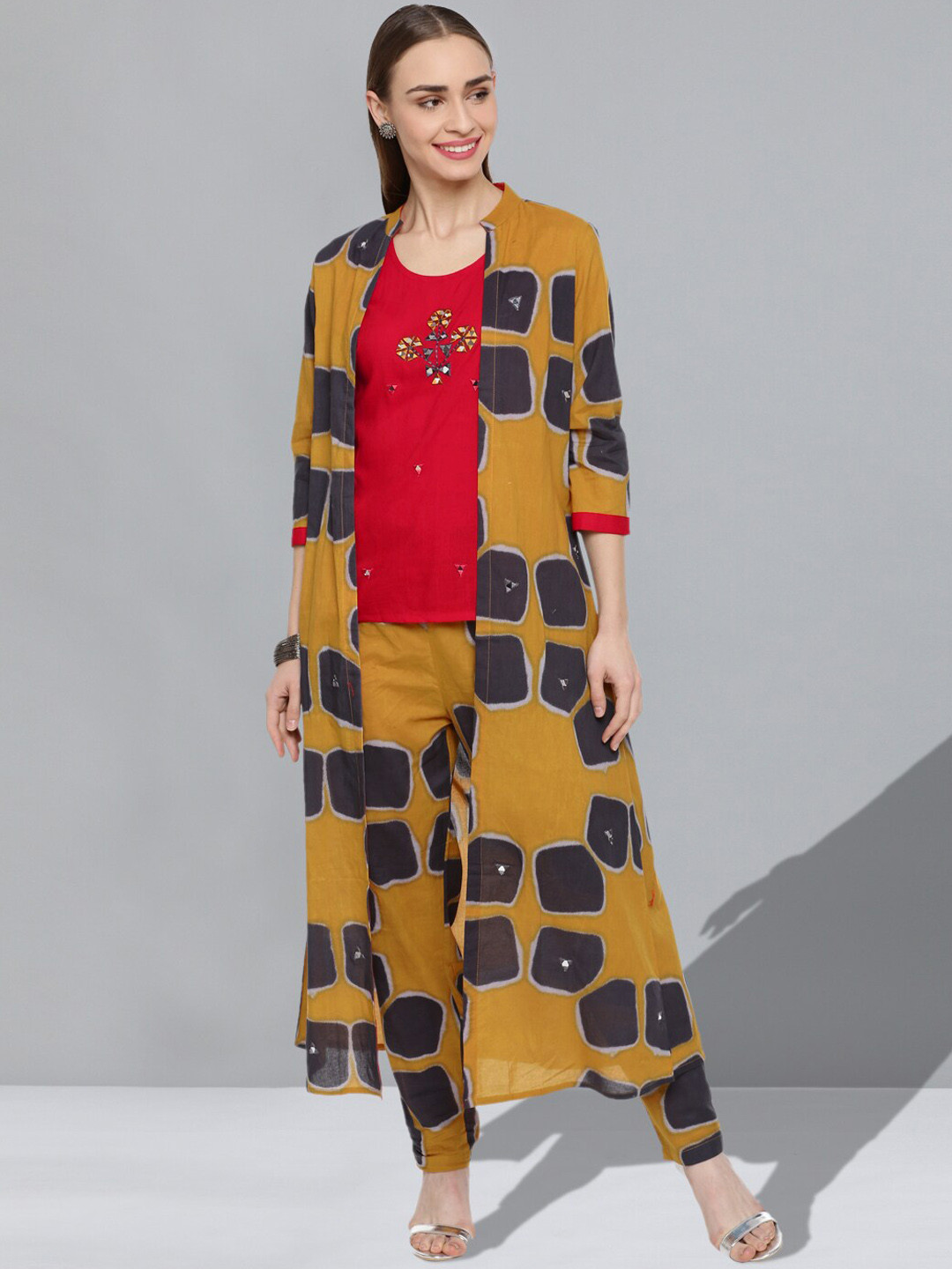 

Kvsfab Embroidered Mirror Work Top With Palazzos & Jacket, Red