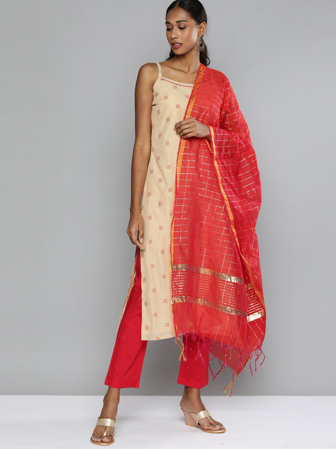 

Kvsfab Woven Design Zari Chanderi Cotton Kurta with Trousers & With Dupatta, Beige