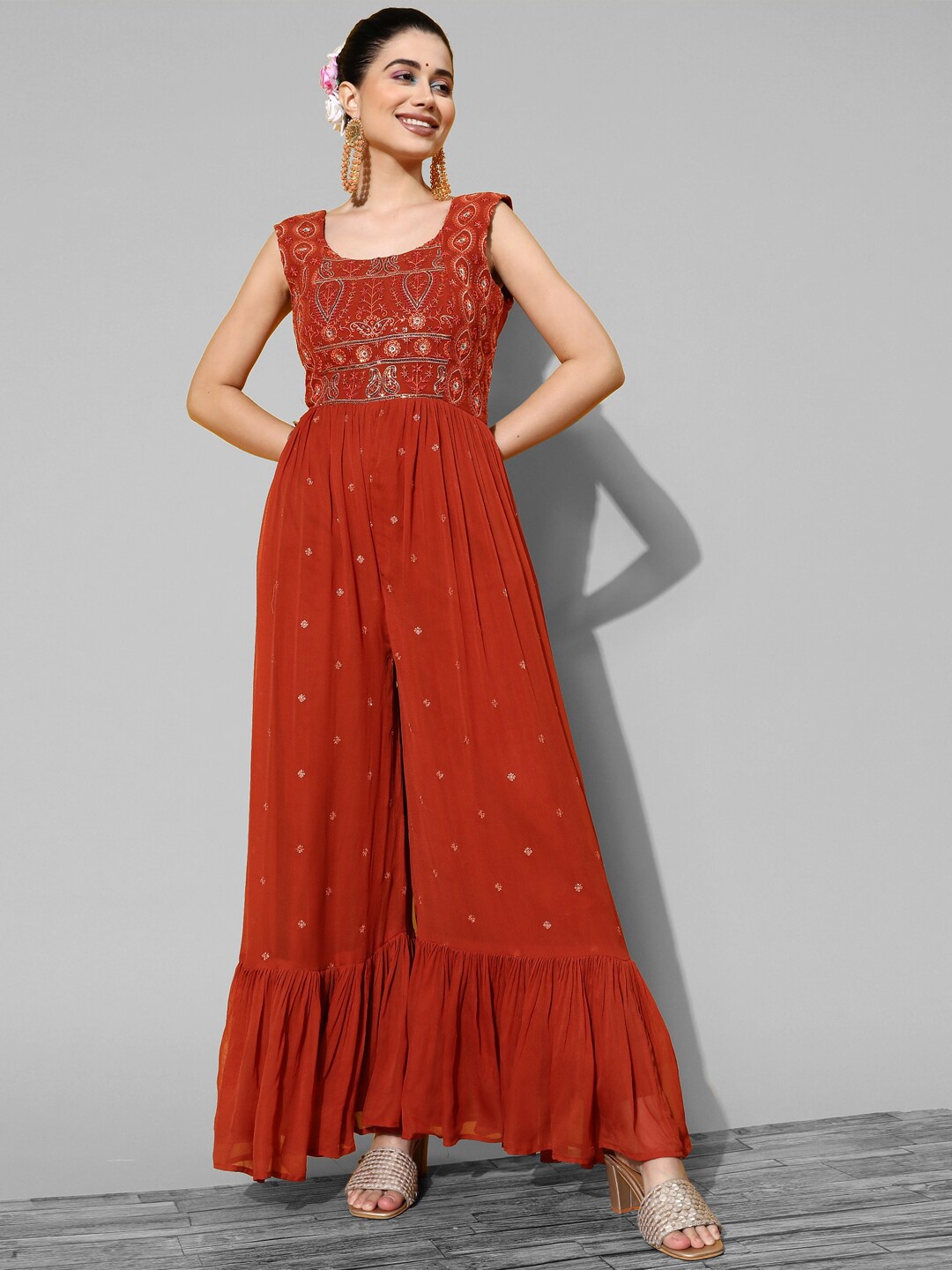 

Kvsfab Embroidered Round Neck Sleeveless Basic Jumpsuit, Rust