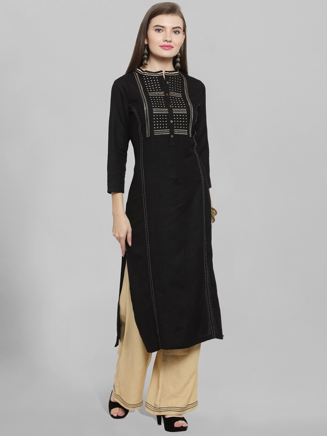 

Kvsfab Band Collar Thread Work Kurta with Palazzos, Black