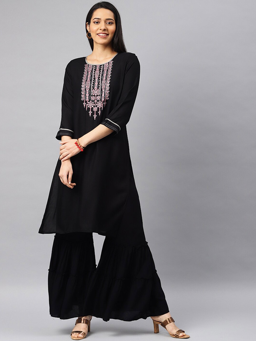 

Kvsfab Ethnic Motifs Yoke Design Thread Work Kurta with Sharara, Black