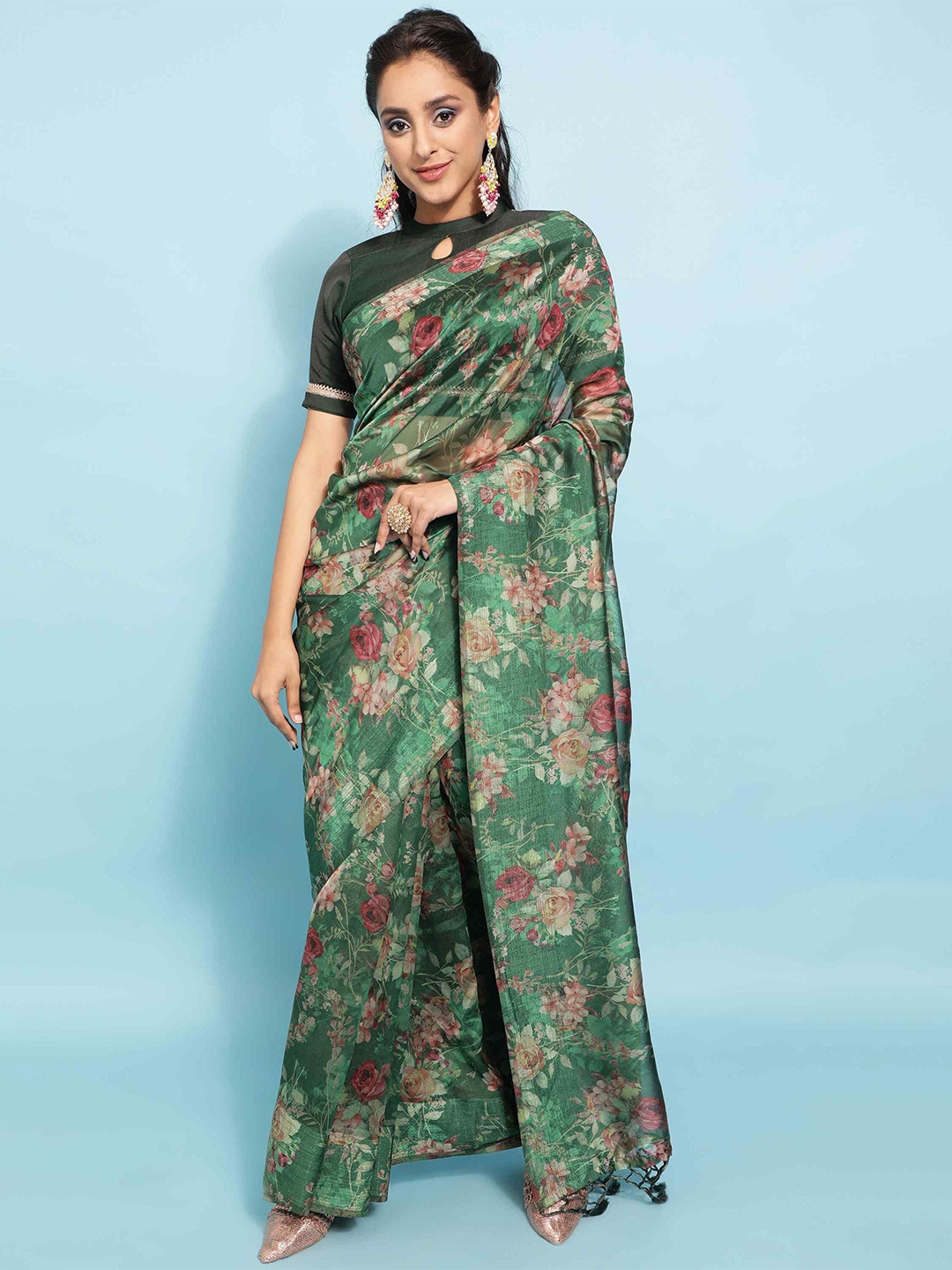 

elora Floral Printed Georgette Saree, Green