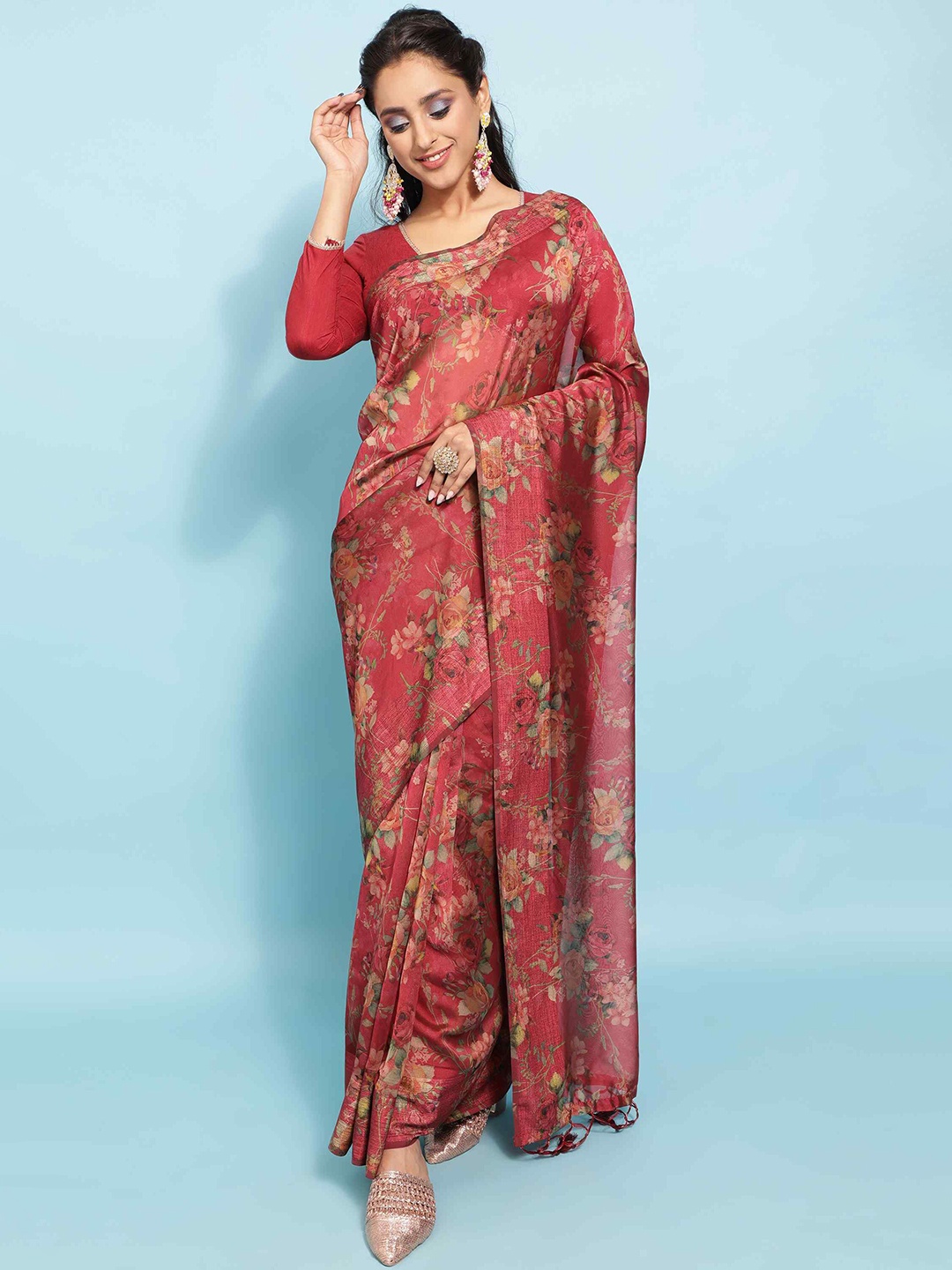 

elora Floral Printed Pure Georgette Saree, Maroon