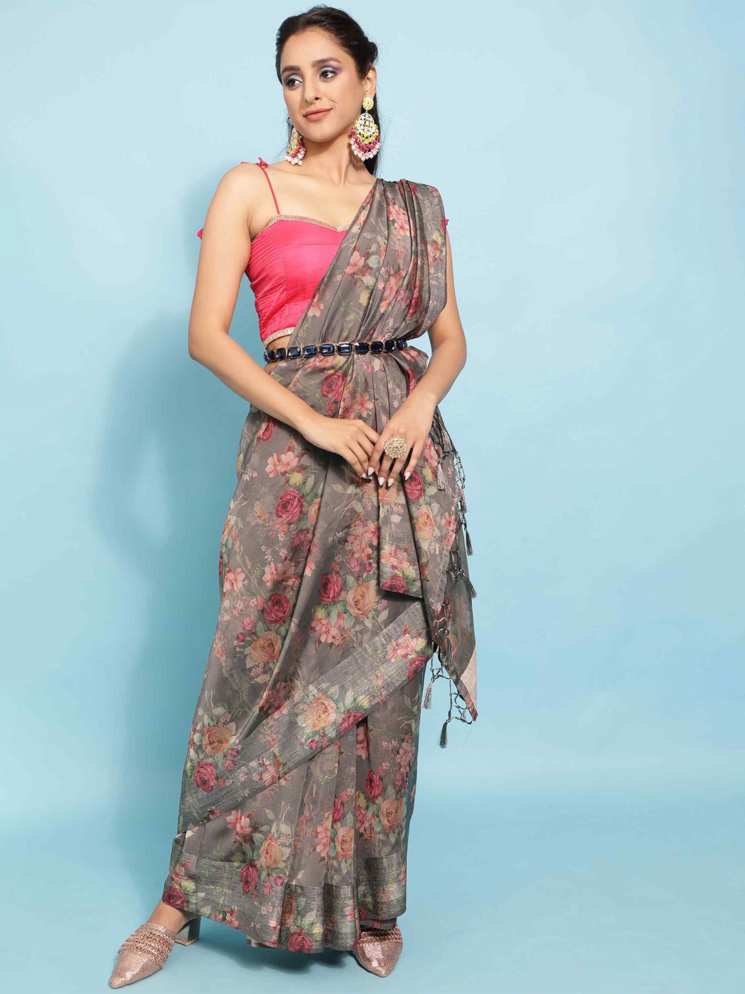 

elora Floral Printed Pure Georgette Saree, Grey