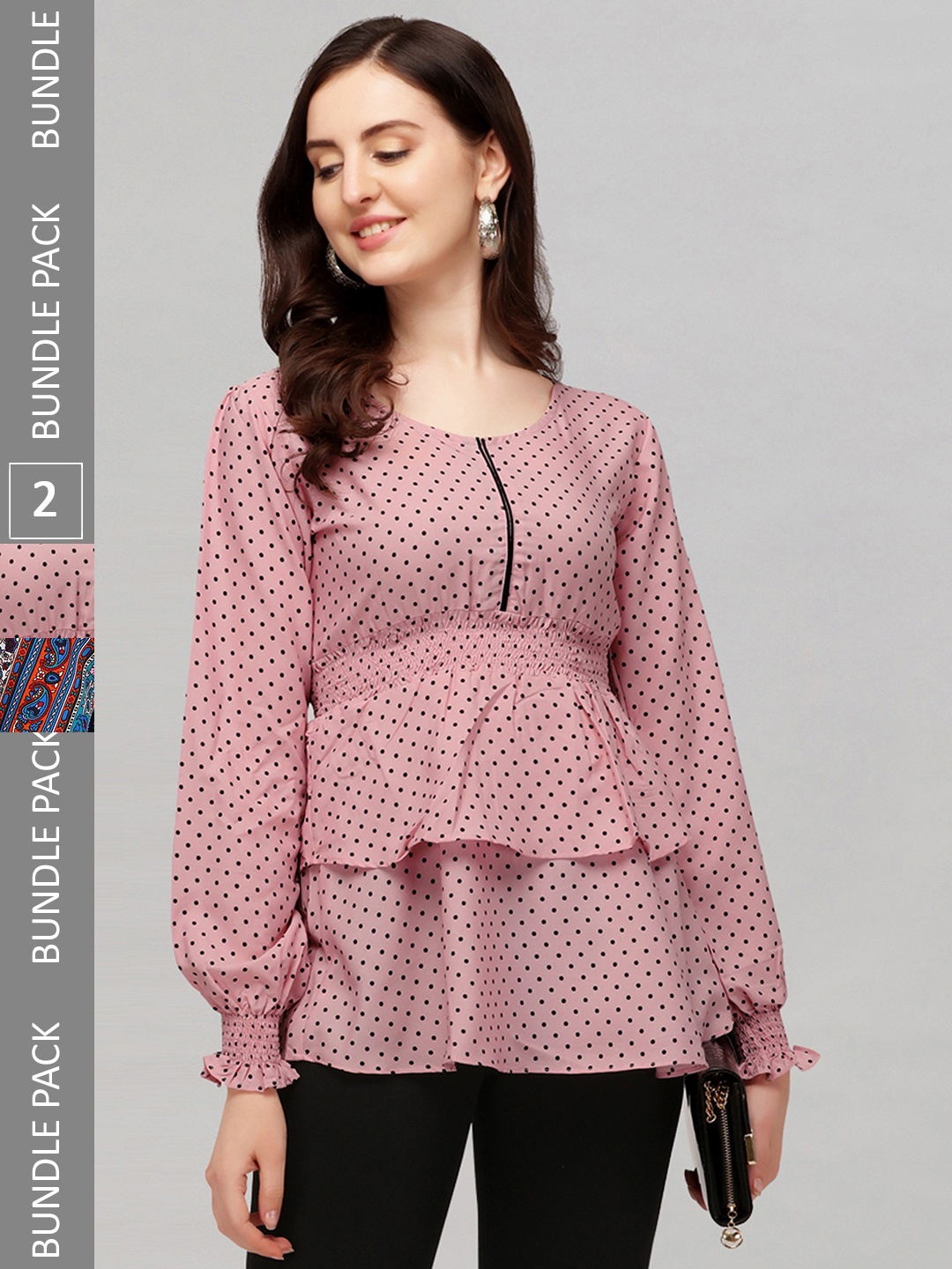 

Selvia Pack Of 2 Polka Dots Print Puff Sleeve Top, Pink