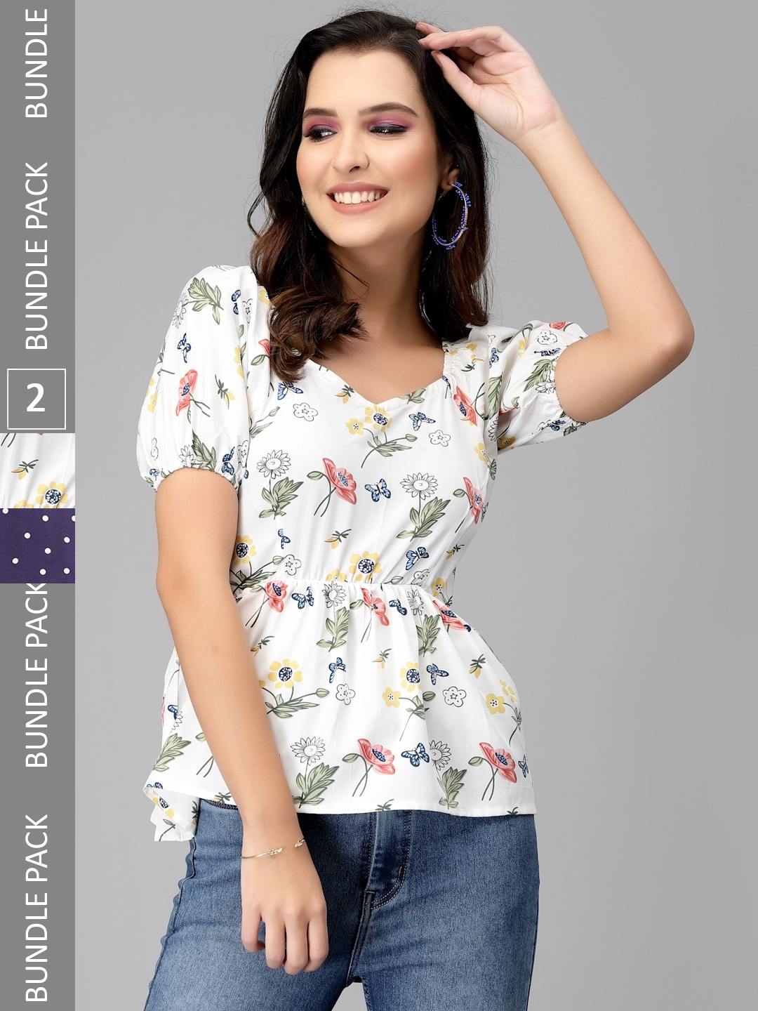 

Selvia Pack Of 2 Floral Print Peplum Top, Navy blue