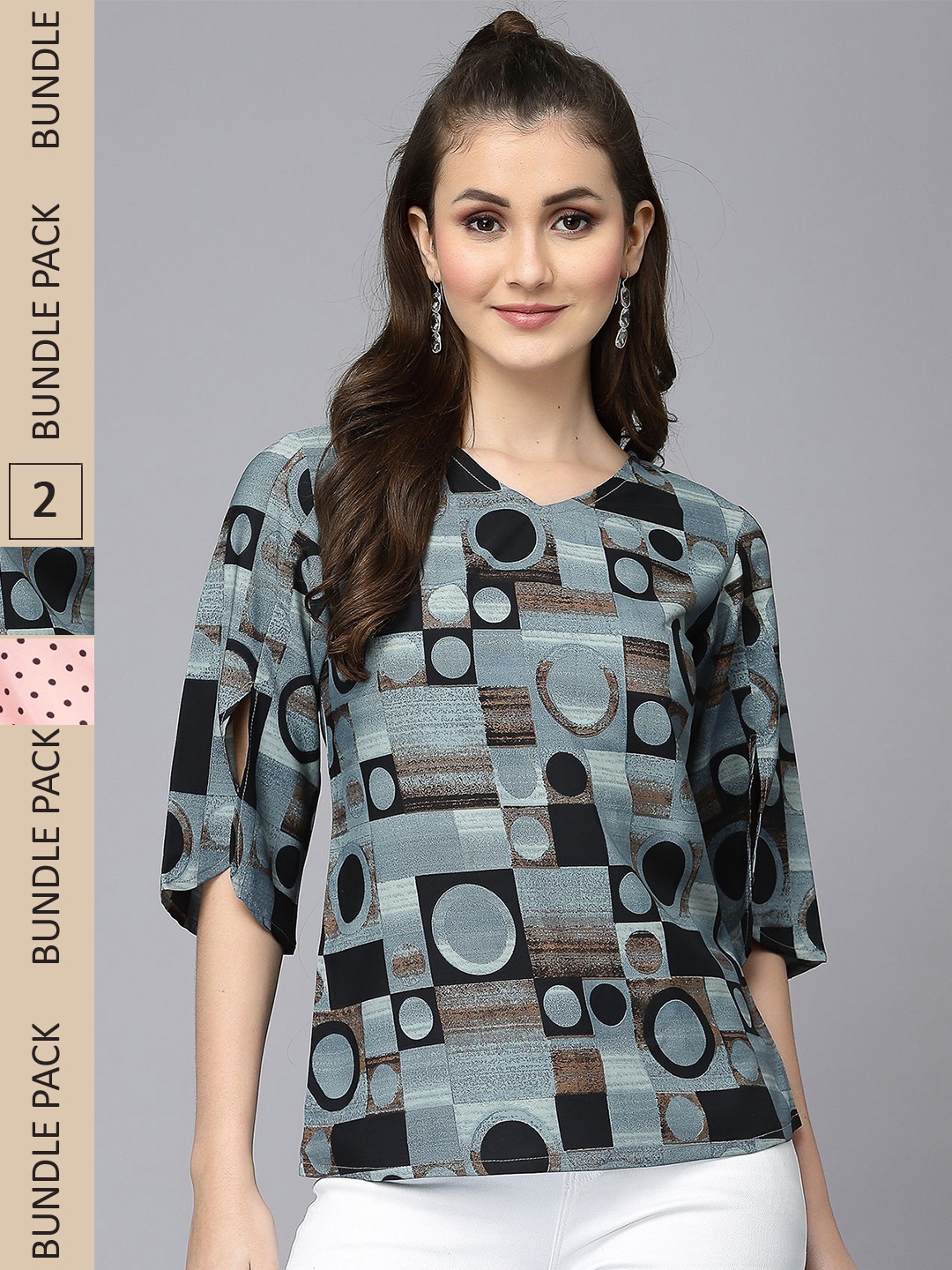

Selvia Pack Of 2 Geometric Printed Slit Sleeves Round Neck Top, Peach