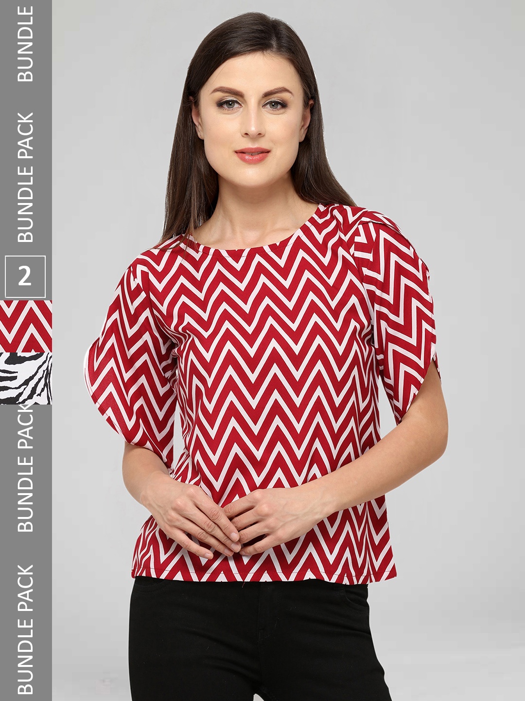 

Selvia Pack of 2 Geometric Print Crepe Top, Black