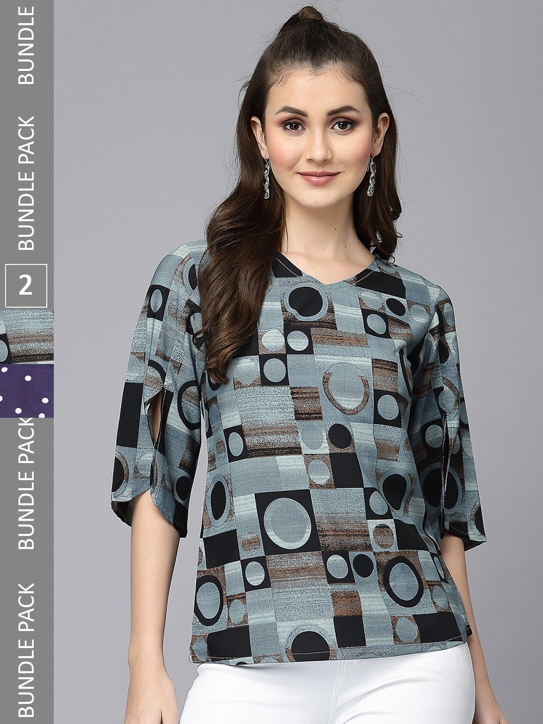 

Selvia Pack Of 2 Polka Dots Printed Puff Sleeves Round Neck Top, Navy blue