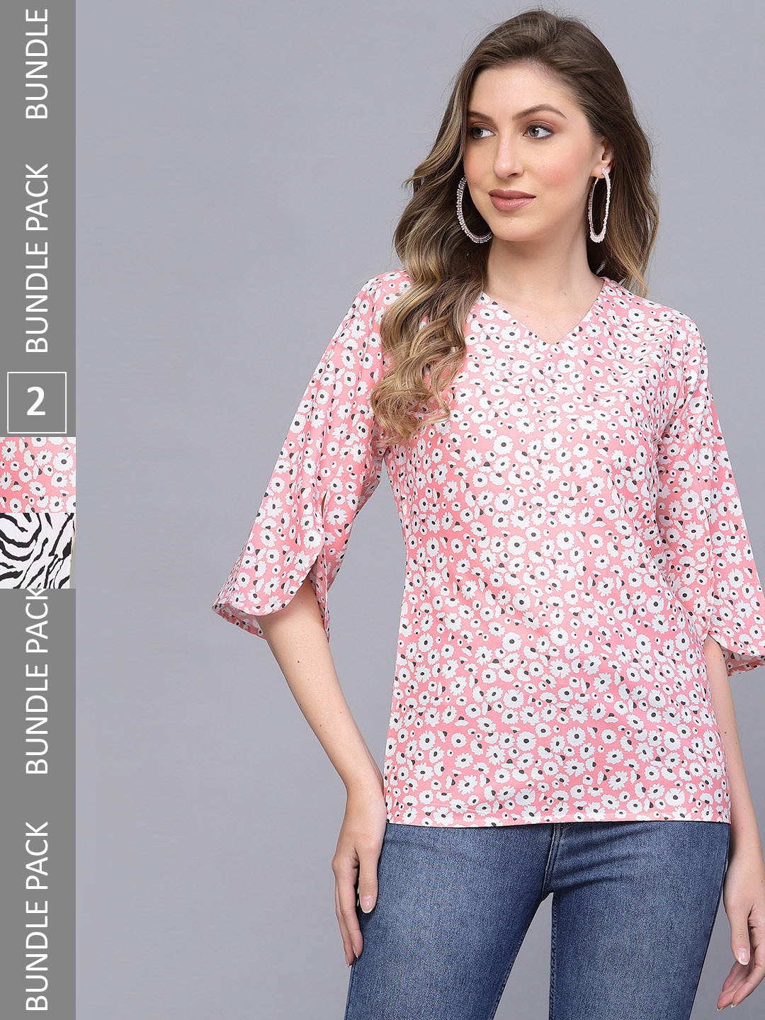 

Selvia Pack Of 2 Floral Print Slit Sleeve Crepe Top, White