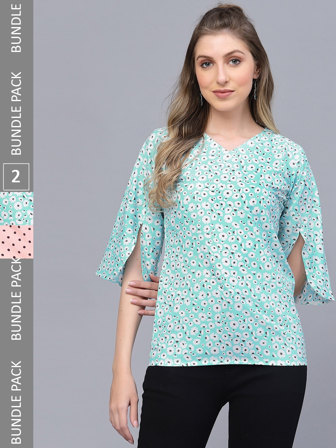 

Selvia Pack Of 2 Floral Print Flared Sleeve Crepe Top, Peach