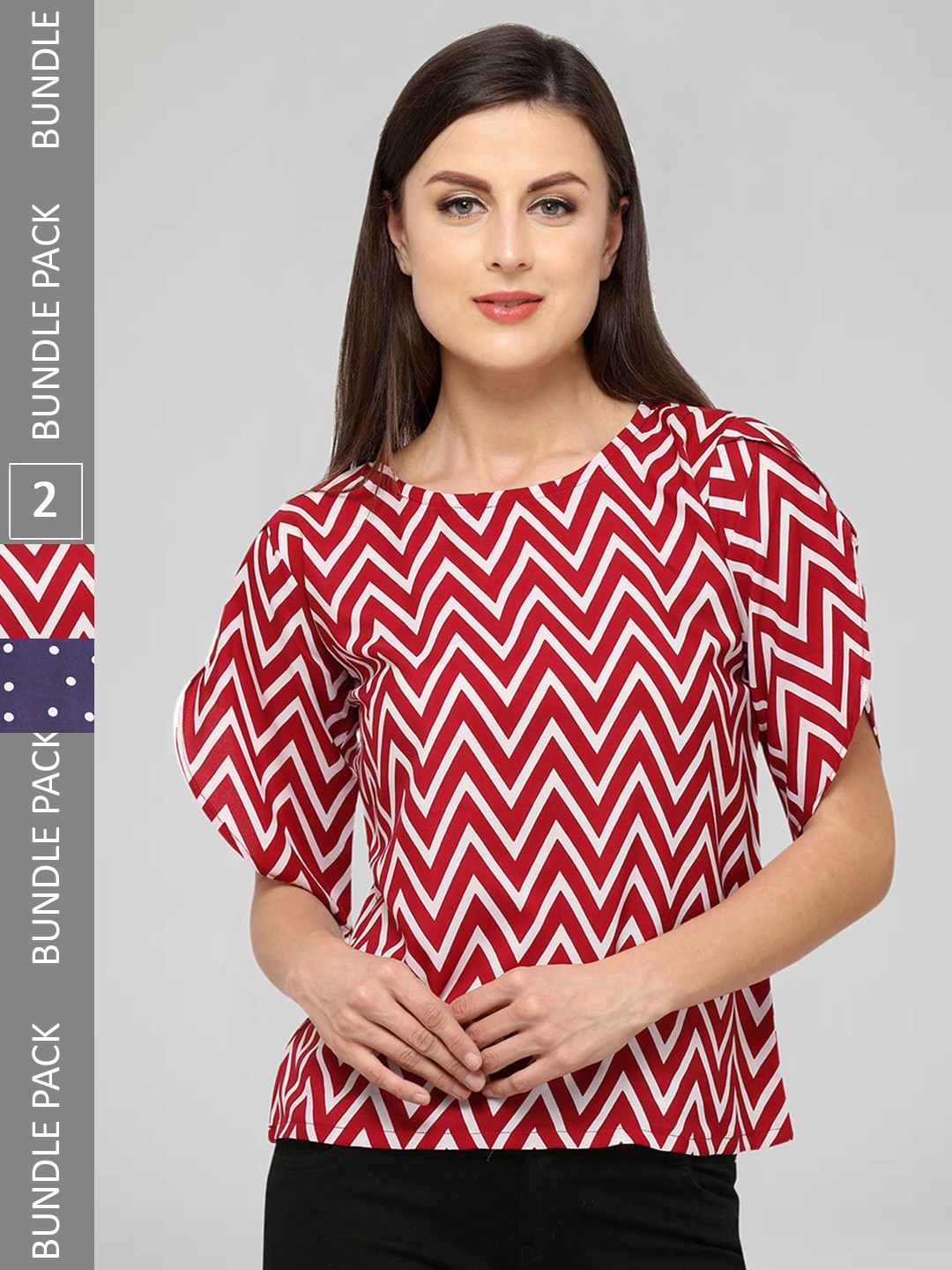 

Selvia Pack Of 2 Polka Dots Printed Puff Sleeves Round Neck Top, Navy blue