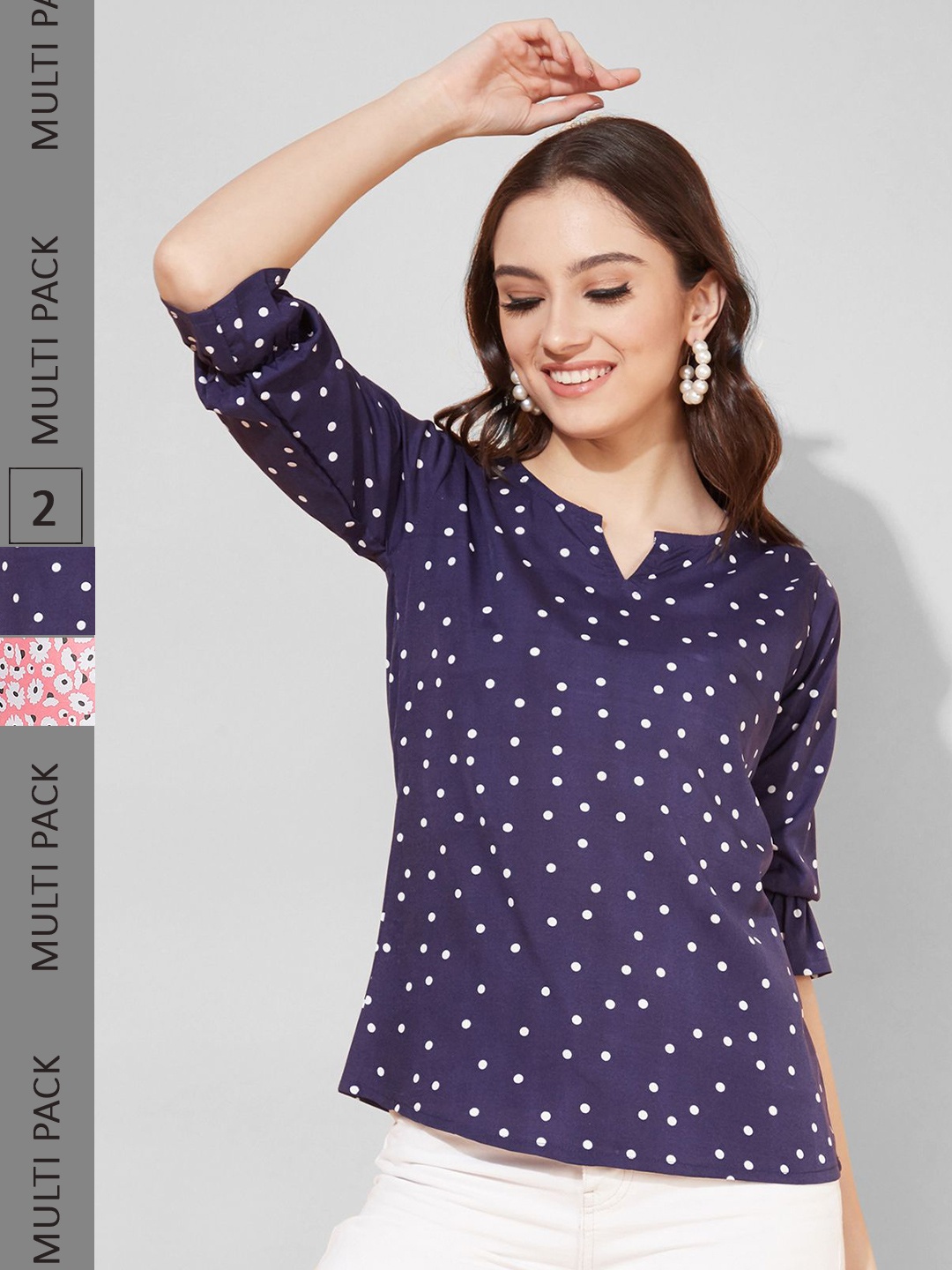 

Selvia Pack Of 2 Printed Crepe Notched Neck Puff Sleeves Tops, Navy blue