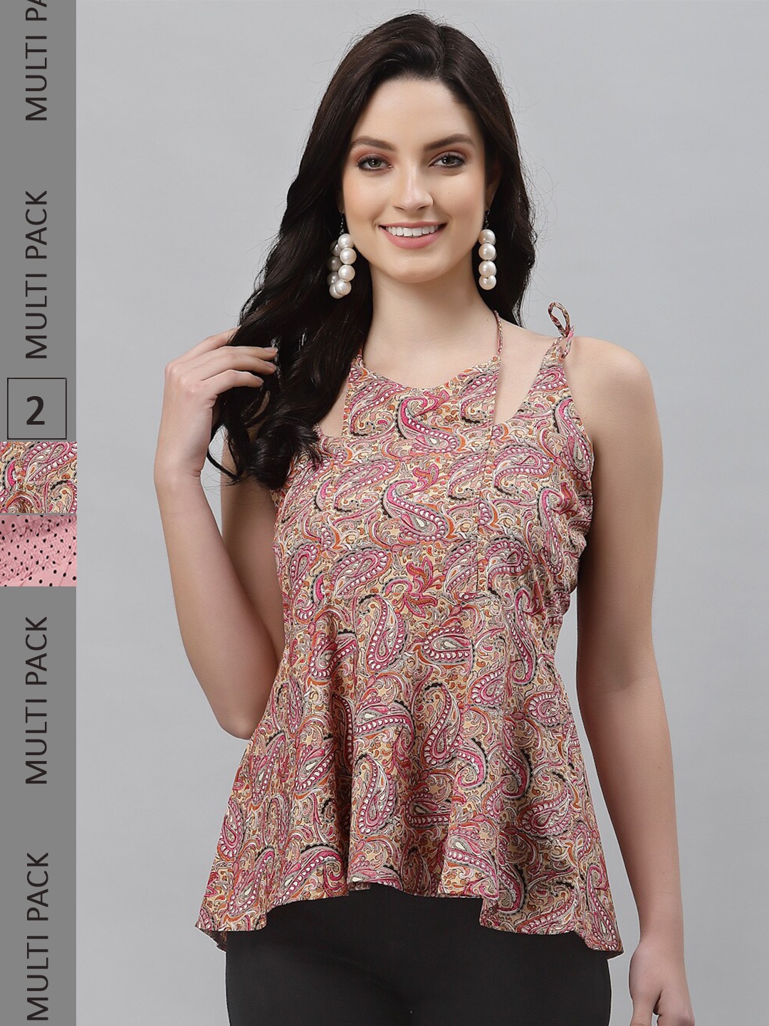 

Selvia Pack Of 2 Paisley Printed Crepe Halter Neck Tops, Pink