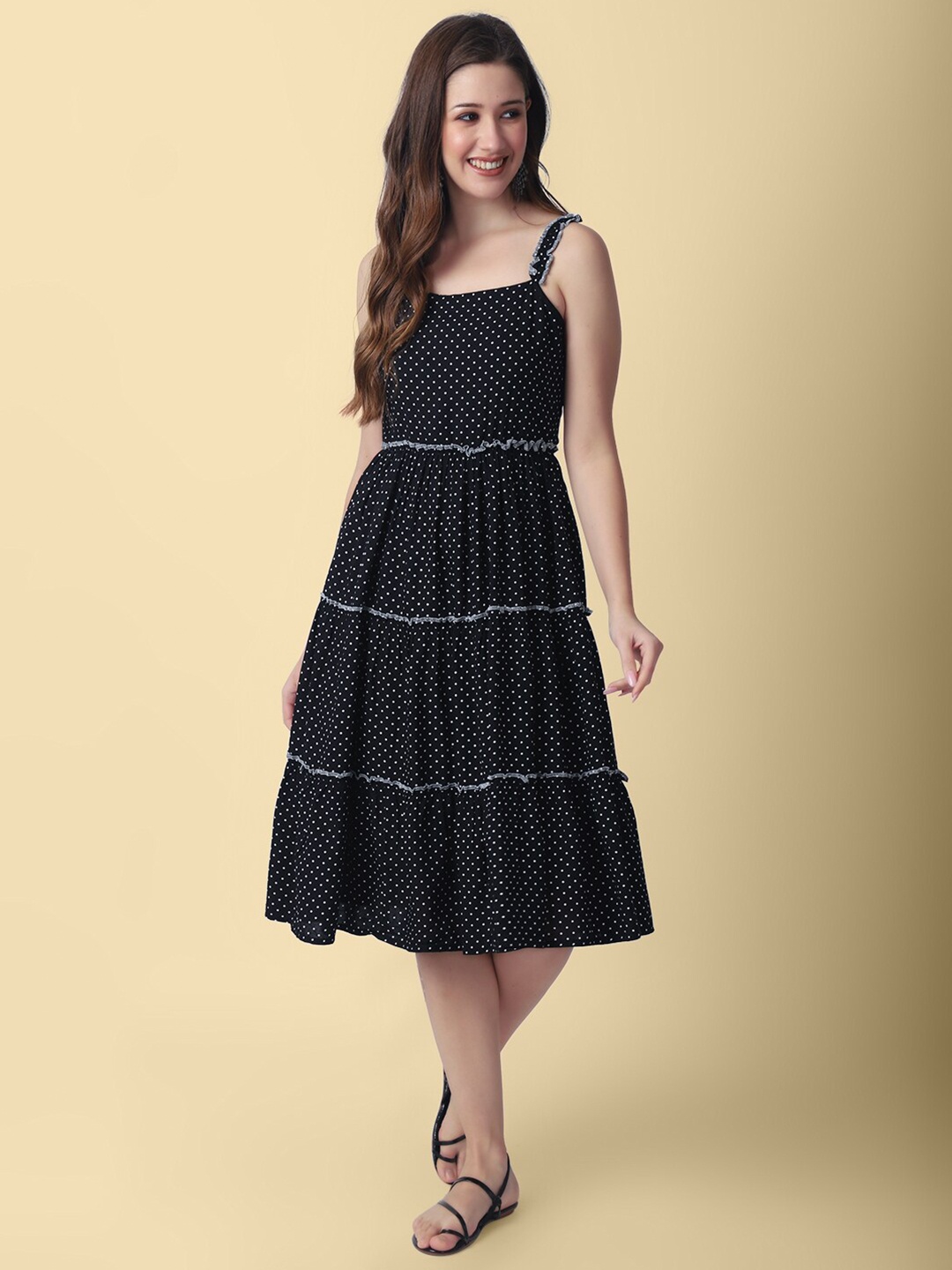 

DAEVISH Polka Dot Printed Fit & Flare Midi Dress, Black