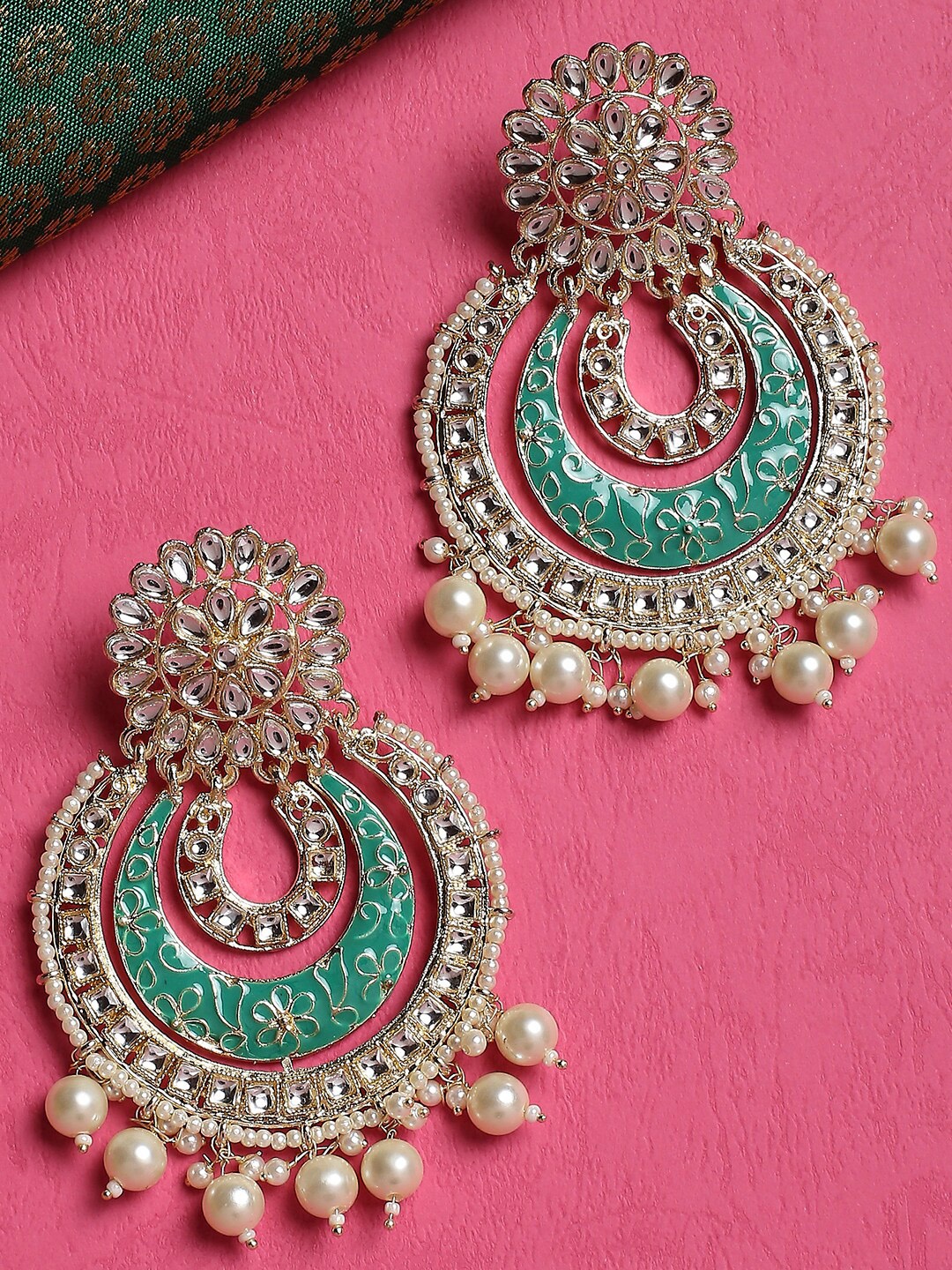 

OOMPH Gold-Plated Meenakari & Pearls Floral Chandbalis Earrings