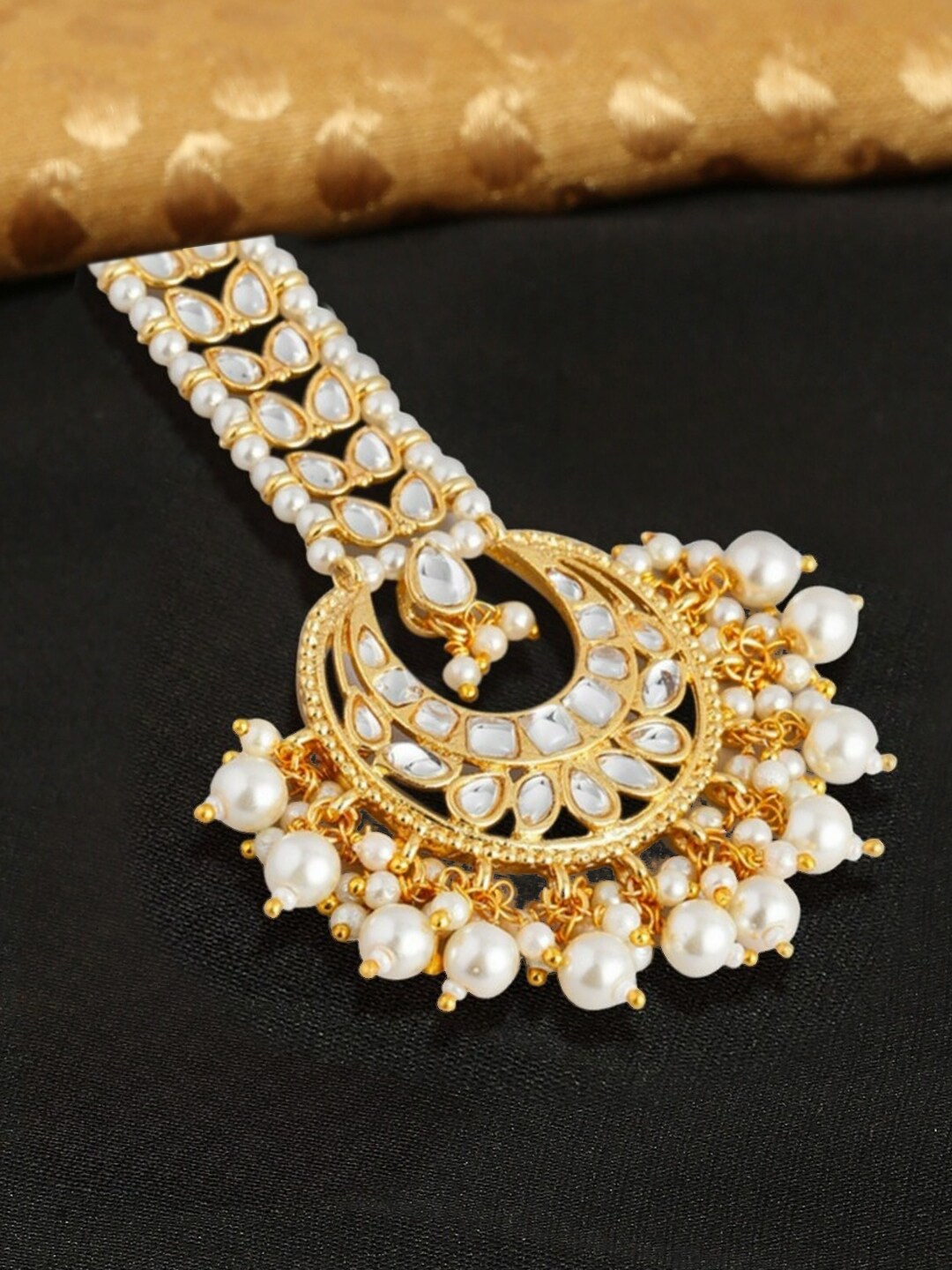 

OOMPH Gold Plated Kundan Studded & Beaded Chandbali Shape Maangtikka