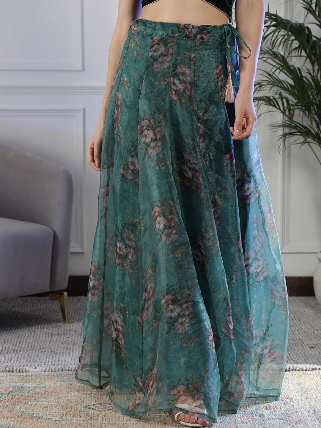 

NEUDIS Printed Organza Flared Maxi Skirt, Green