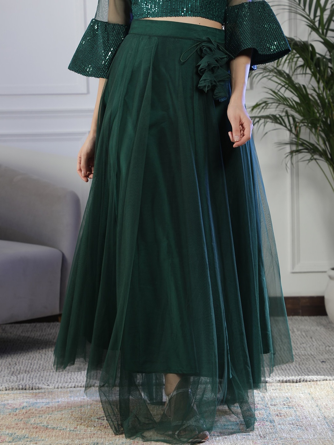 

NEUDIS Soft Net Flared Maxi Lehenga Skirt, Green