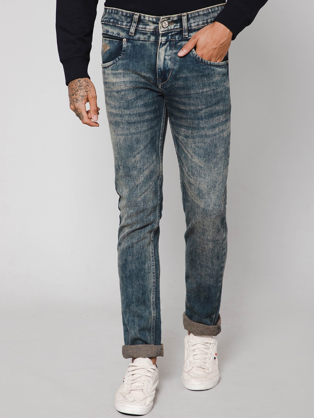 

Cantabil Men Regular Fit Heavy Fade Stretchable Cotton Jeans, Navy blue