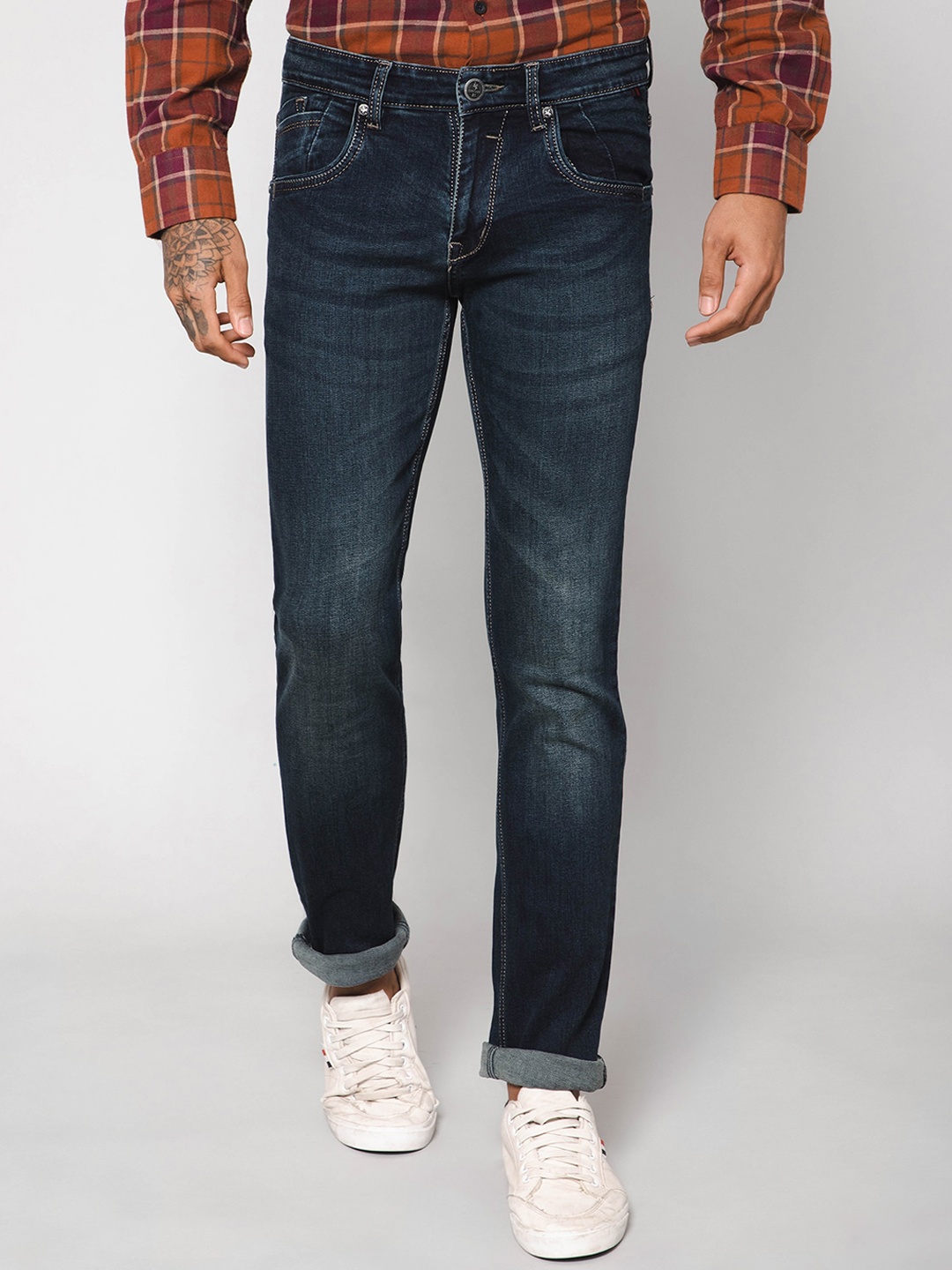 

Cantabil Men Regular Fit Light Fade Stretchable Cotton Jeans, Navy blue