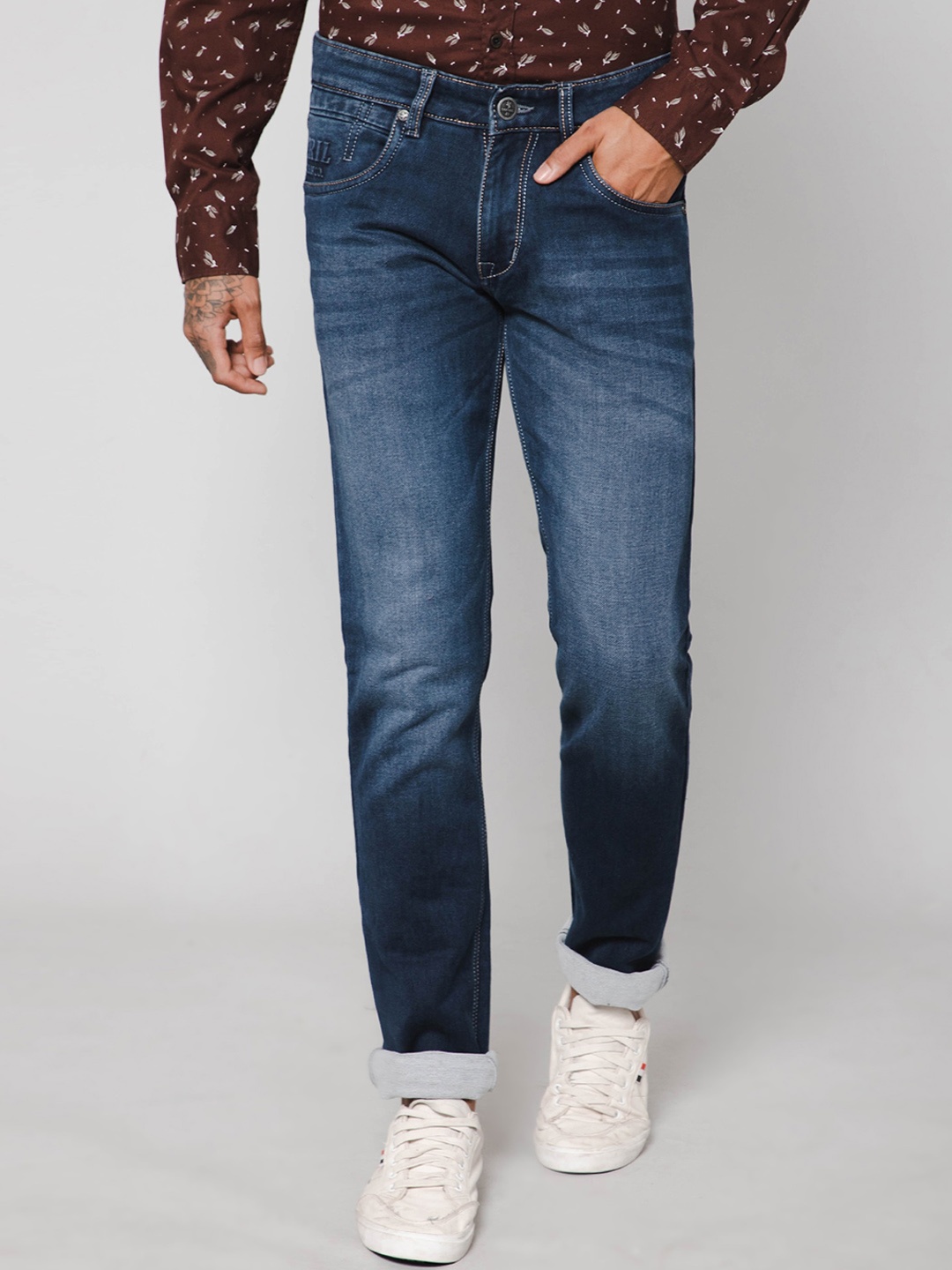 

Cantabil Men Regular Fit Heavy Fade Stretchable Cotton Jeans, Blue
