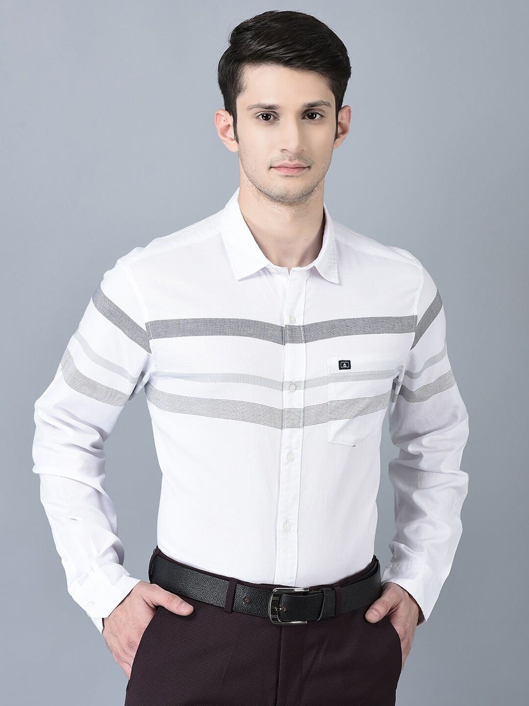 

CANOE Smart Horizontal Striped Chambray Weave Pure Cotton Casual Shirt, White