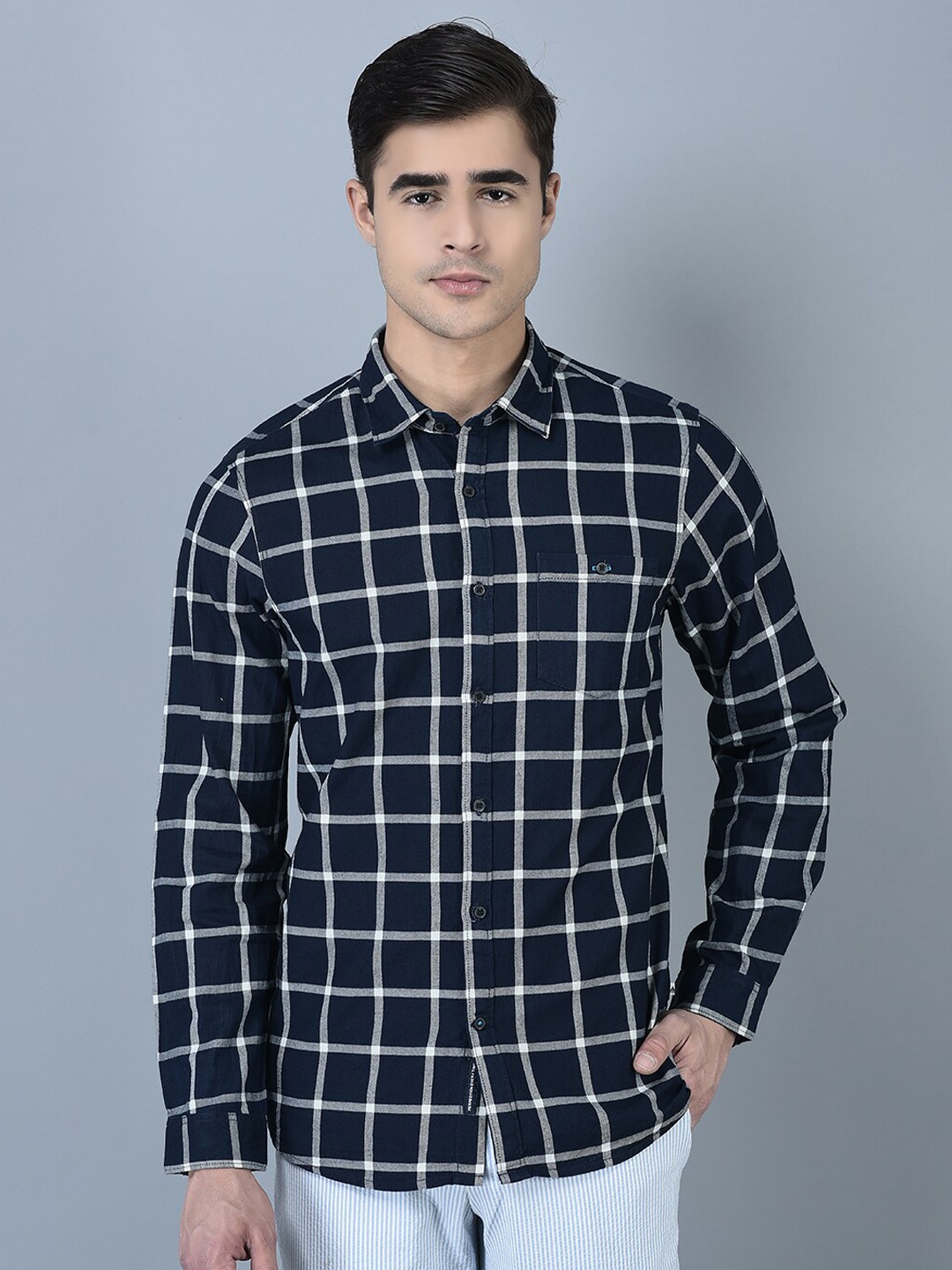 

CANOE Smart Windowpane Checked Twill Pure Cotton Casual Shirt, Navy blue