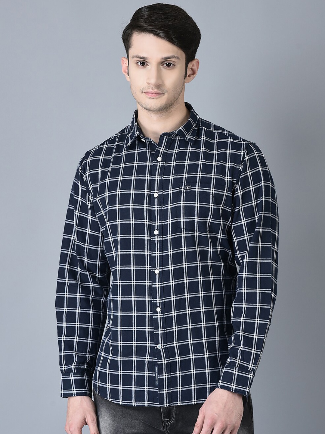 

CANOE Checked Spread Collar Twill Smart Pure Cotton Casual Shirt, Navy blue