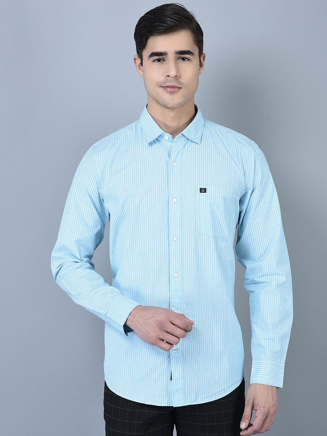 

CANOE Smart Vertical Striped Spread Collar Pure Cotton Casual Shirt, Blue