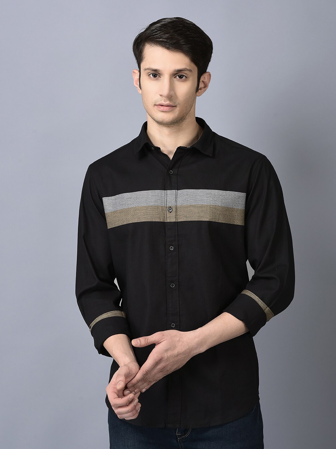 

CANOE Smart Horizontal Striped Chambray Pure Cotton Casual Shirt, Black