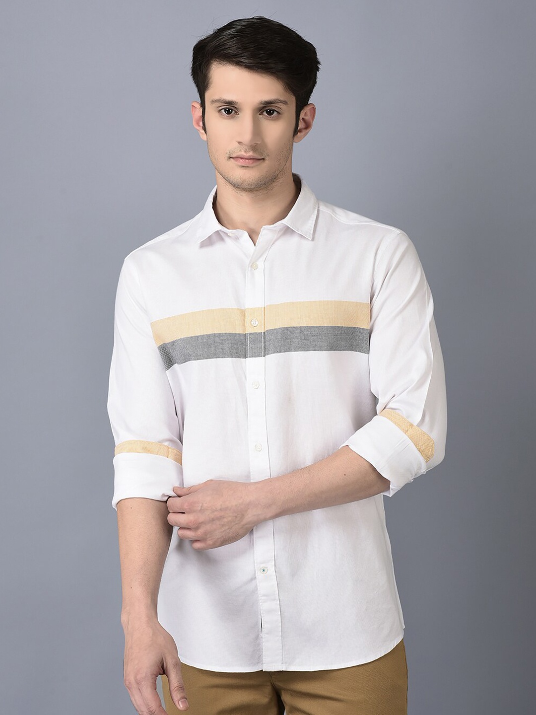 

CANOE Smart Horizontal Striped Chambray Pure Cotton Casual Shirt, White