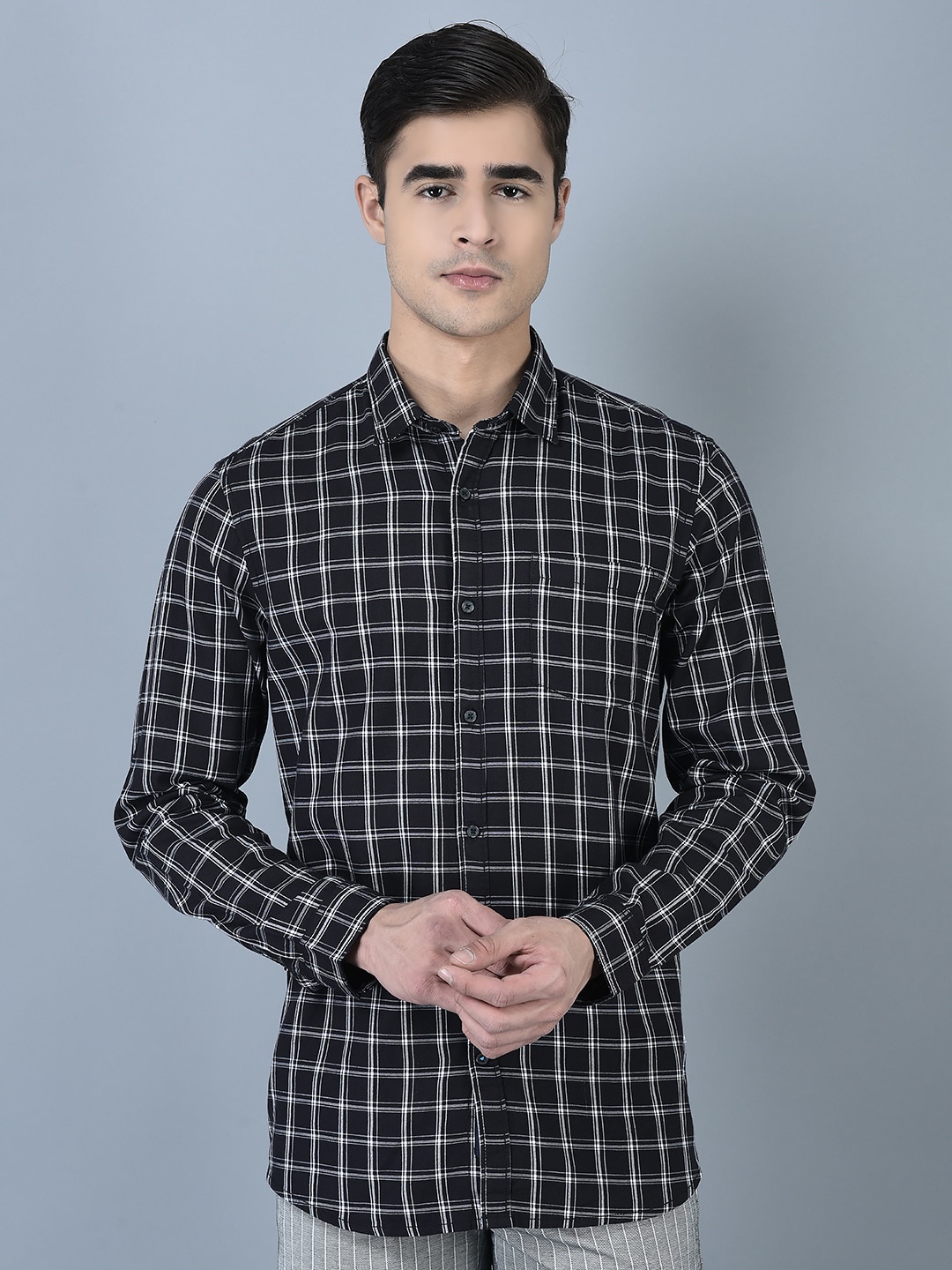 

CANOE Smart Windowpane Checked Spread Collar Pure Cotton Casual Shirt, Black