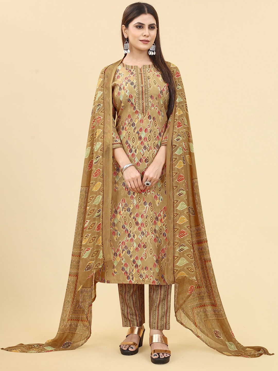 

KALINI Ethnic Motif Printed Notched Neck Gotta Patti Kurta With Trousers & Dupatta, Camel brown