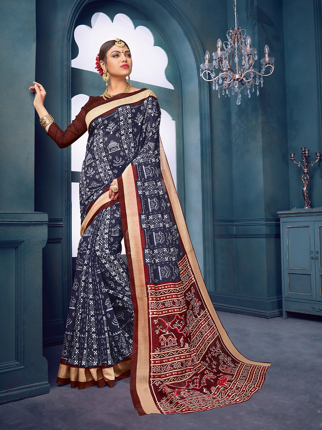 

KALINI Ethnic Motif Printed Bhagalpuri Saree, Navy blue