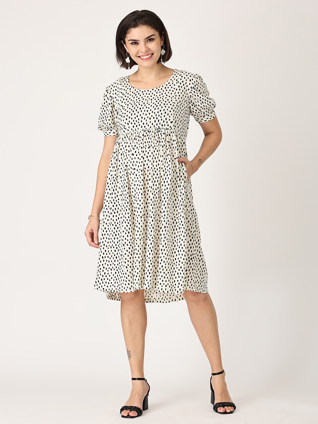 

The Mom Store Polka Dot Printed Maternity Cotton Fit & Flare Dress, Off white